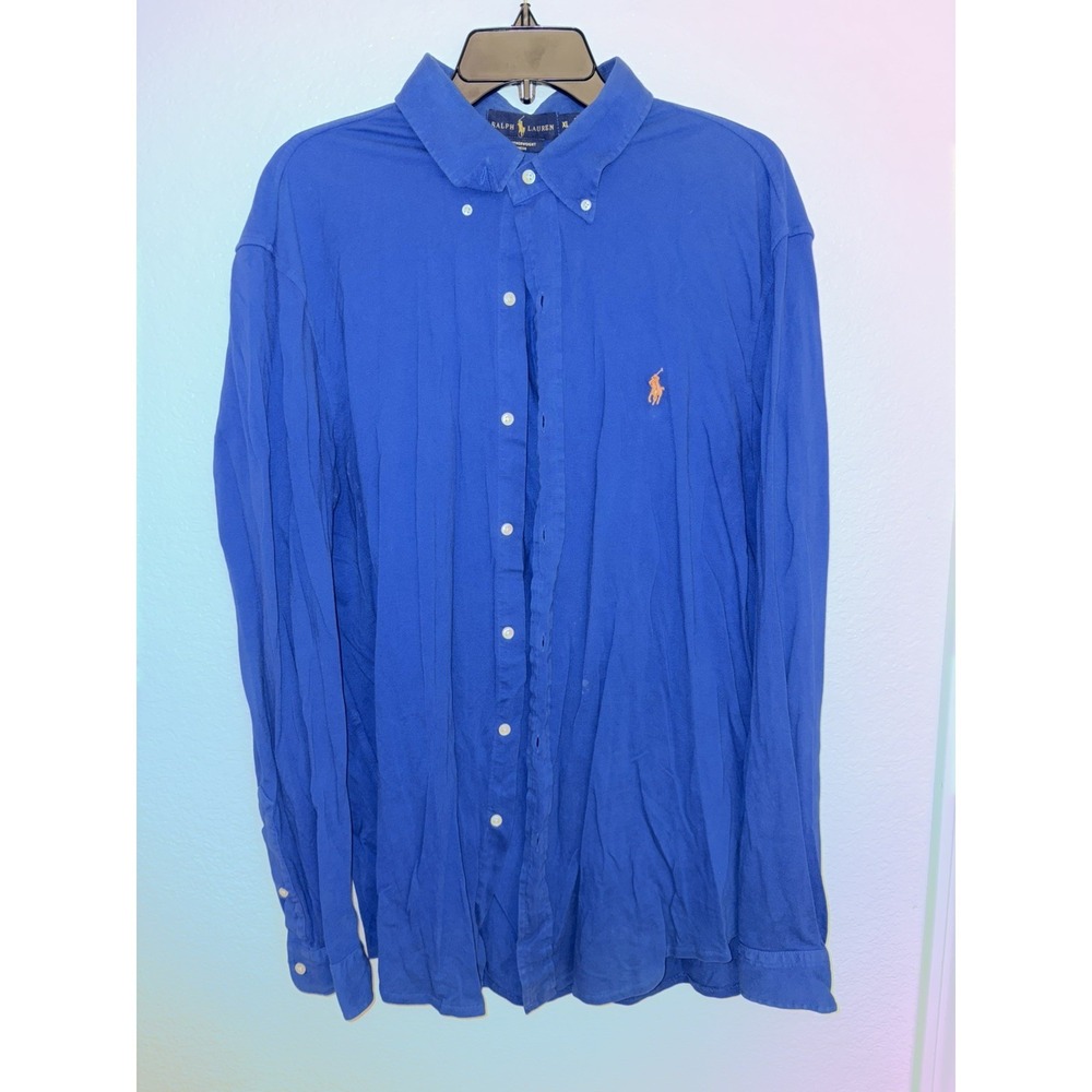Ralph Lauren Button Down Shirt Men's XL Blue Feather Weight Twill Cotton Coastal